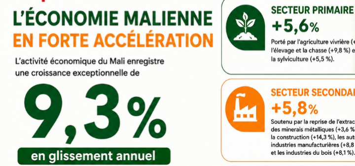 Croissance économique : Le Mali enregistre une progression de 9,3<small class="fine d-inline"> </small>% au premier trimestre 2026